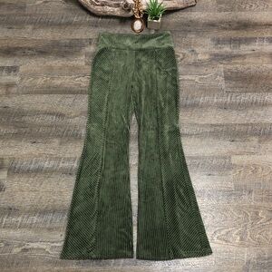 Boho Bohemian Army Green Corduroy Wide Leg Flare Pull On Pants